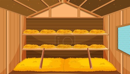 Illustration for A cartoon illustration of a chicken house filled with hay and straw for egg laying - Royalty Free Image