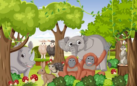 Illustration for A vibrant and playful illustration of various wild animals in their natural forest habitat - Royalty Free Image