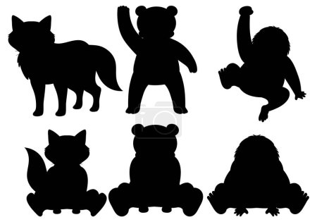 Téléchargez les illustrations : Une collection d'illustrations vectorielles de dessins animés présentant diverses silhouettes d'animaux sauvages - en licence libre de droit