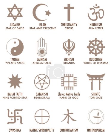 Téléchargez les illustrations : Illustration de divers signes et symboles religieux dans des teintes brunes - en licence libre de droit