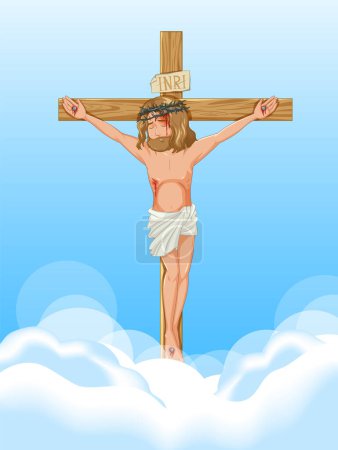 Ilustración de Ilustración de Jesucristo clavado en una cruz con un cielo hermoso en el fondo - Imagen libre de derechos
