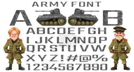 Téléchargez les illustrations : Illustration vectorielle de deux soldats avec alphabet de A à Z en fond de camouflage - en licence libre de droit