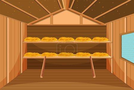 Illustration for A colorful cartoon illustration of a chicken house for egg-laying - Royalty Free Image