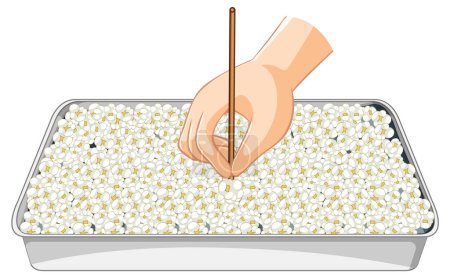 Ilustración de Palillo de mano mide la profundidad de la bandeja llena de palomitas de maíz - Imagen libre de derechos