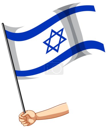 Téléchargez les illustrations : Main humaine illustrée tenant le drapeau d'Israël pour bannière - en licence libre de droit