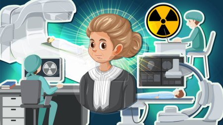 A vector cartoon illustration of Marie Curie and her groundbreaking work in chemistry and radioactive elements