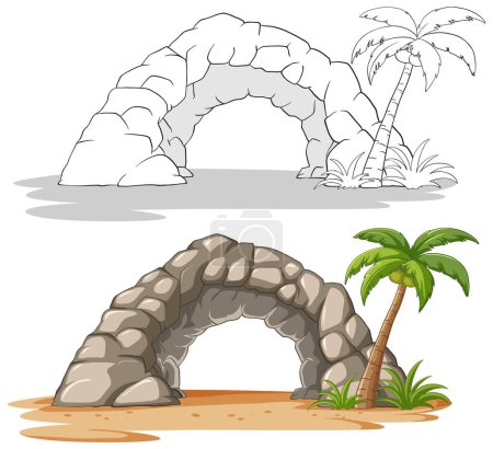 Téléchargez les illustrations : Illustration vectorielle d'un arc de pierre et d'un palmier. - en licence libre de droit