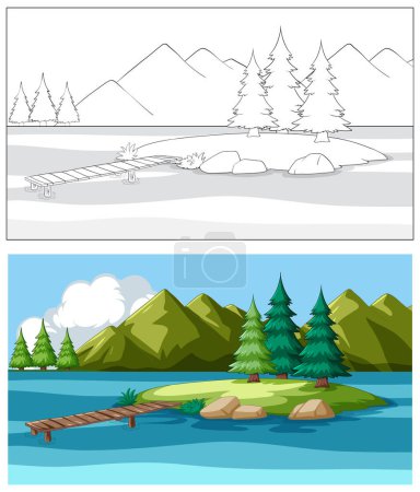 Illustration for Vector illustration of a peaceful lakeside landscape - Royalty Free Image