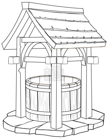 Black and white illustration of a wooden well.