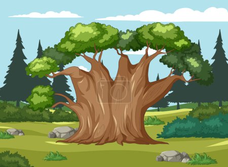 Téléchargez les illustrations : Grand arbre au couvert luxuriant dans un cadre tranquille - en licence libre de droit