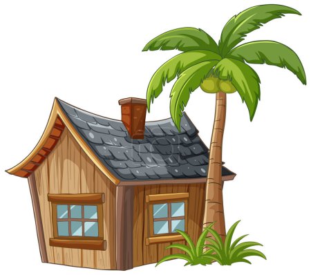 Téléchargez les illustrations : Dessin animé d'une cabane confortable avec un palmier - en licence libre de droit