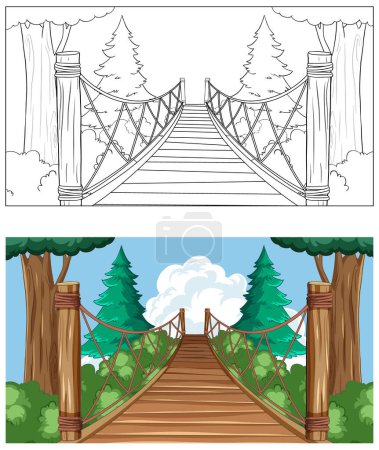 Ilustración de Dos etapas de una ilustración de puente, desde el boceto hasta el color - Imagen libre de derechos