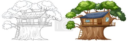 Téléchargez les illustrations : Croquis et illustration colorée d'une cabane dans les arbres - en licence libre de droit