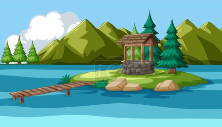 Illustration of a well on a small island with trees.