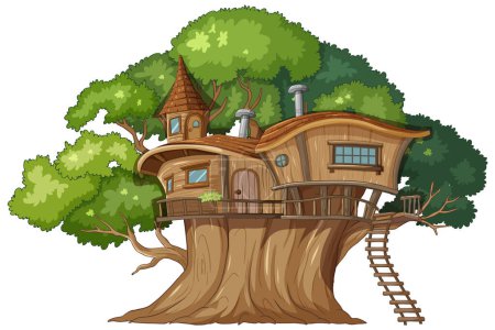 Téléchargez les illustrations : Maison fantaisiste nichée au milieu d'un feuillage vert vif. - en licence libre de droit