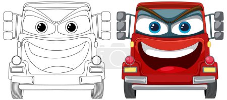 Téléchargez les illustrations : Deux camions animés souriant avec des personnalités vibrantes - en licence libre de droit
