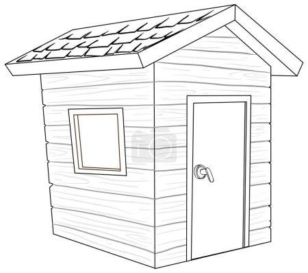 Black and white drawing of a simple shed.