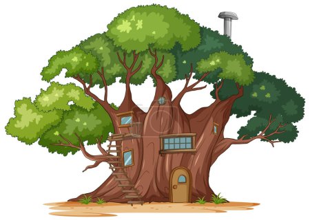 Maison d'arbre de dessin animé avec fenêtres et une porte