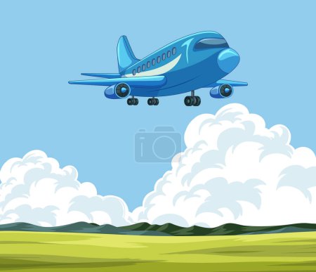 Illustration for Cartoon airplane in flight with cloudy sky backdrop - Royalty Free Image