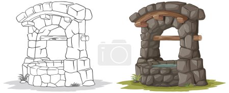 Two cartoon stone wells in a natural setting.