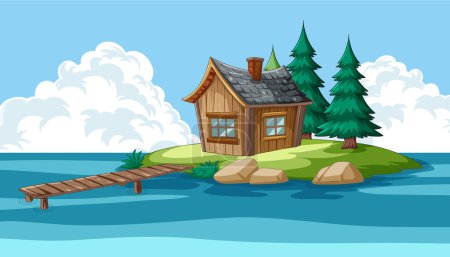 Téléchargez les illustrations : Charmante cabane en bois sur une petite île - en licence libre de droit