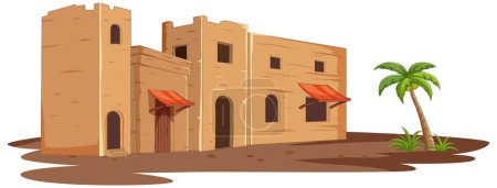 Téléchargez les illustrations : Illustration vectorielle d'une forteresse de sable et d'un palmier. - en licence libre de droit