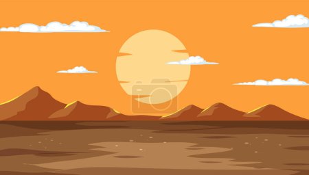Téléchargez les illustrations : Coucher de soleil chaud teintes sur paysage désertique tranquille - en licence libre de droit