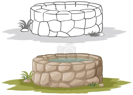 Illustration for Two stages of a well, empty and filled with water. - Royalty Free Image