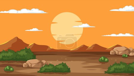 Vector illustration of a sunset over desert mountains.