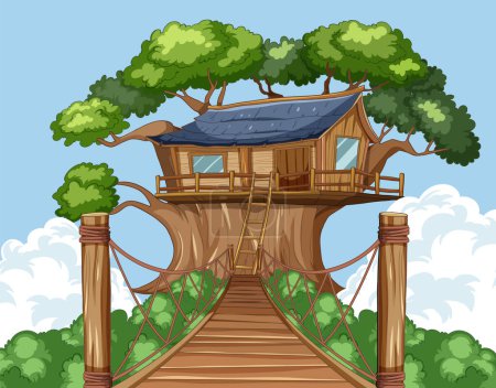 Illustration of a whimsical treehouse among green trees