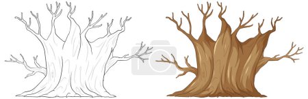 Illustration for "Leafless tree depicted in line art and color." - Royalty Free Image