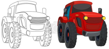 Illustration for Outlined and colored monster truck drawings side by side. - Royalty Free Image