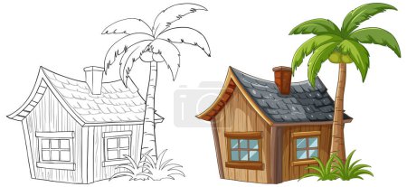 Illustration for From sketch to color: a cozy tropical cabin. - Royalty Free Image