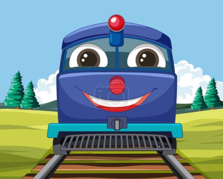 Téléchargez les illustrations : Train animé coloré avec un visage heureux - en licence libre de droit
