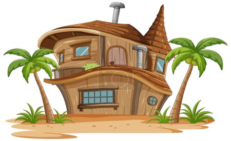 Illustration for Cartoon treehouse with palm trees on sandy ground. - Royalty Free Image