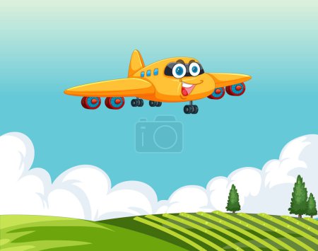 Illustration for Colorful animated plane flying above green fields - Royalty Free Image