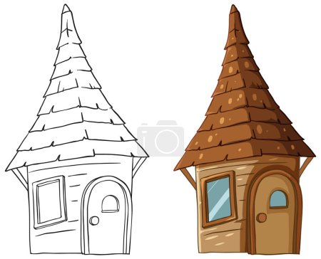 Illustration for Two versions of a fantasy turret, one colored. - Royalty Free Image