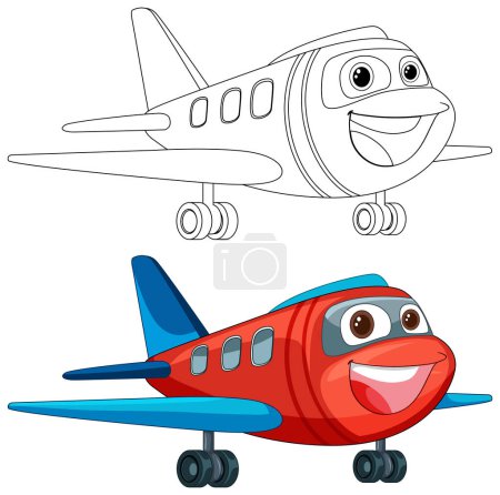 Bunte und umrissene Cartoon-Flugzeuge lächeln.