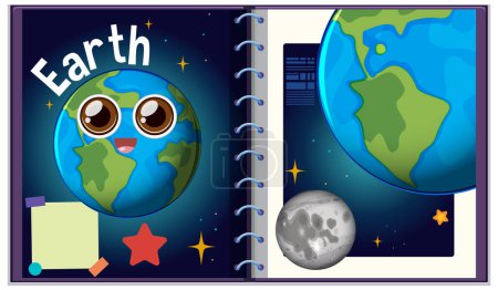 Illustration for Animated Earth reading a book about planets. - Royalty Free Image