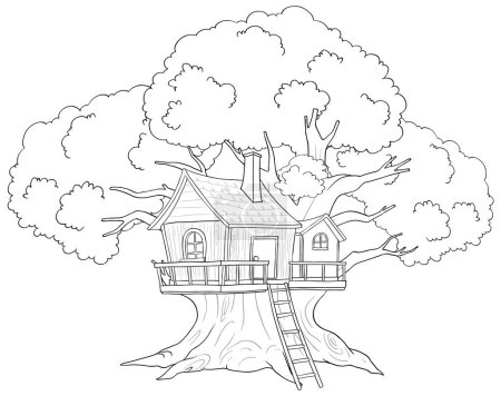 Black and white drawing of a whimsical treehouse