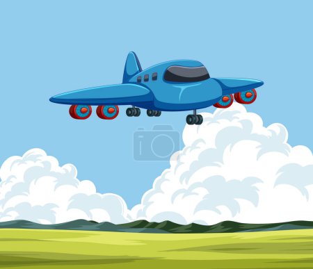 Téléchargez les illustrations : Avion de bande dessinée volant au-dessus des champs verts et des nuages - en licence libre de droit