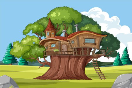 Illustration for Whimsical treehouse nestled in lush greenery. - Royalty Free Image