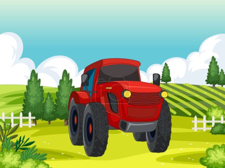 Téléchargez les illustrations : Illustration vectorielle d'un tracteur sur un paysage agricole. - en licence libre de droit