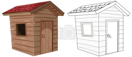 Illustrations of a dog house, colored and outlined.