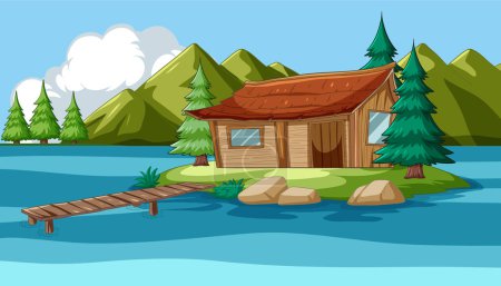 Vector illustration of a cabin by a mountain lake.