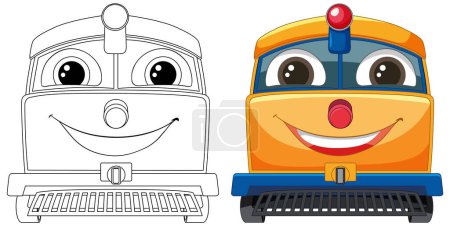 Zwei lächelnde Cartoon-Züge blicken nach vorn.