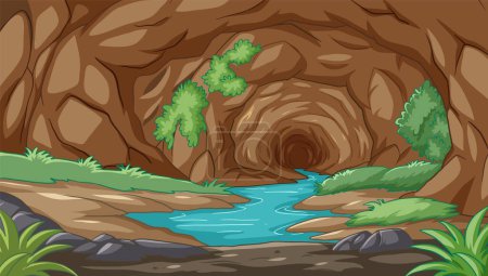 Illustration for A tranquil stream winds through a rocky cave. - Royalty Free Image