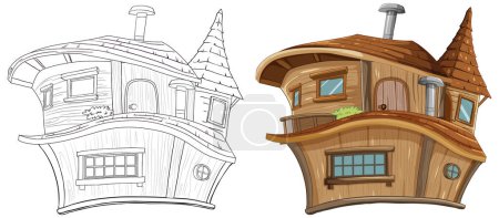 Illustration for Sketch and colored drawing of a fantasy treehouse. - Royalty Free Image