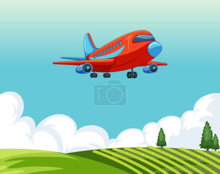 Illustration for Vector illustration of airplane in flight over countryside - Royalty Free Image