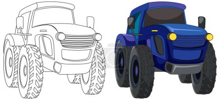 Illustration for Outlined and colored monster truck side by side. - Royalty Free Image